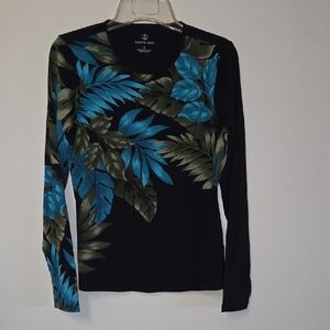 Lands' End Black Top with Blue and Green Leaf Design